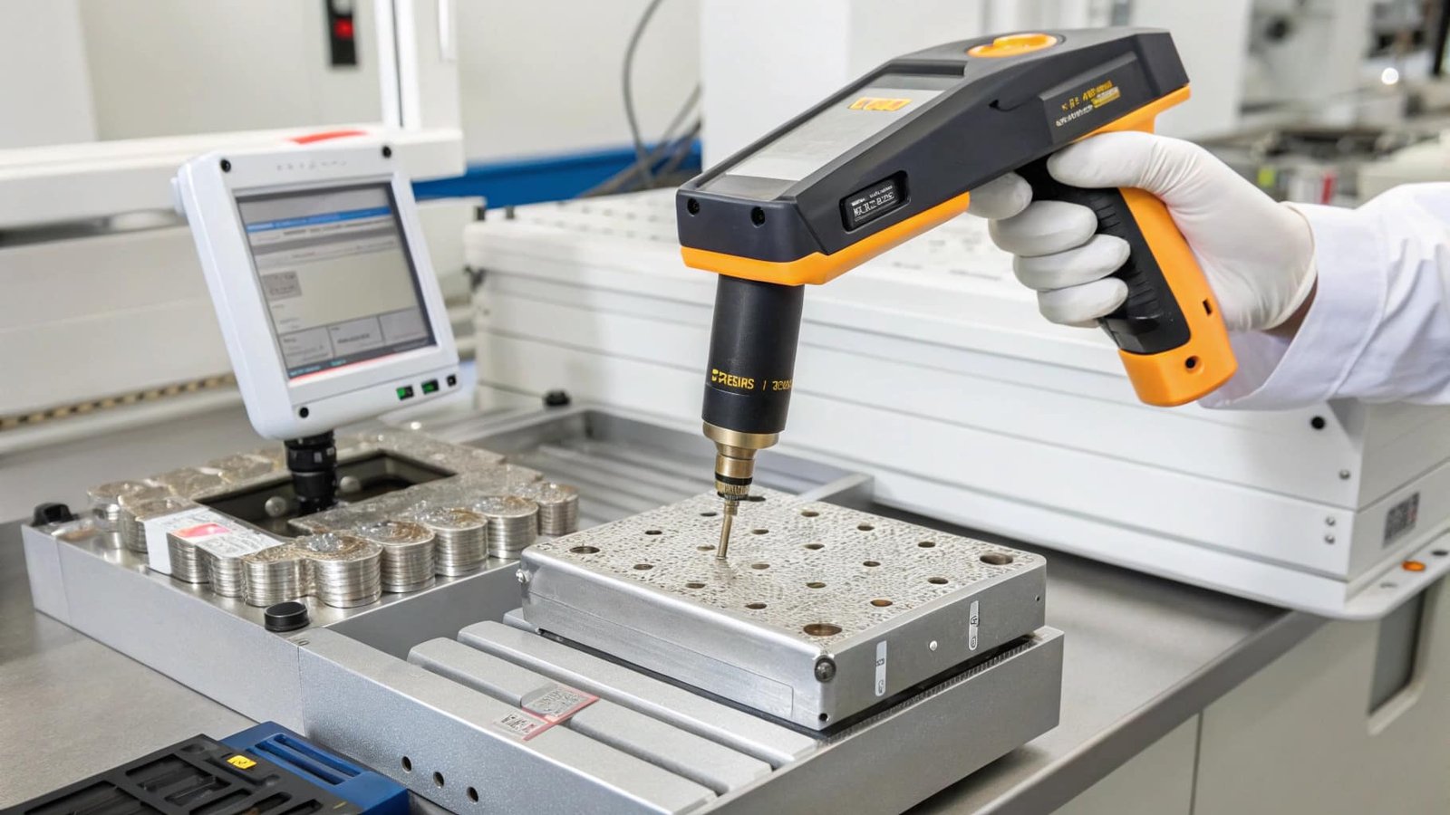 A technician using a handheld XRF analyzer gun to instantly identify the alloy composition of an aluminum disc.